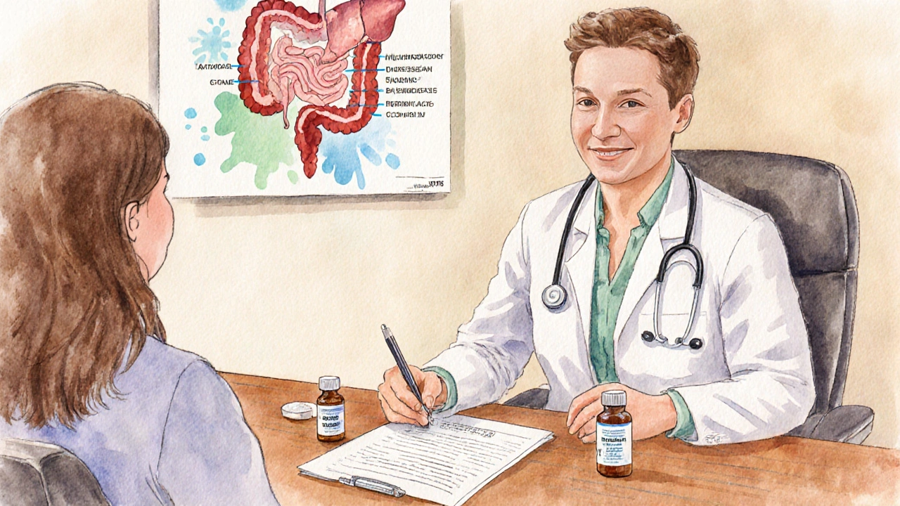 Arzt berät Patienten, Medikamente und Organillustrationen auf dem Tisch.
