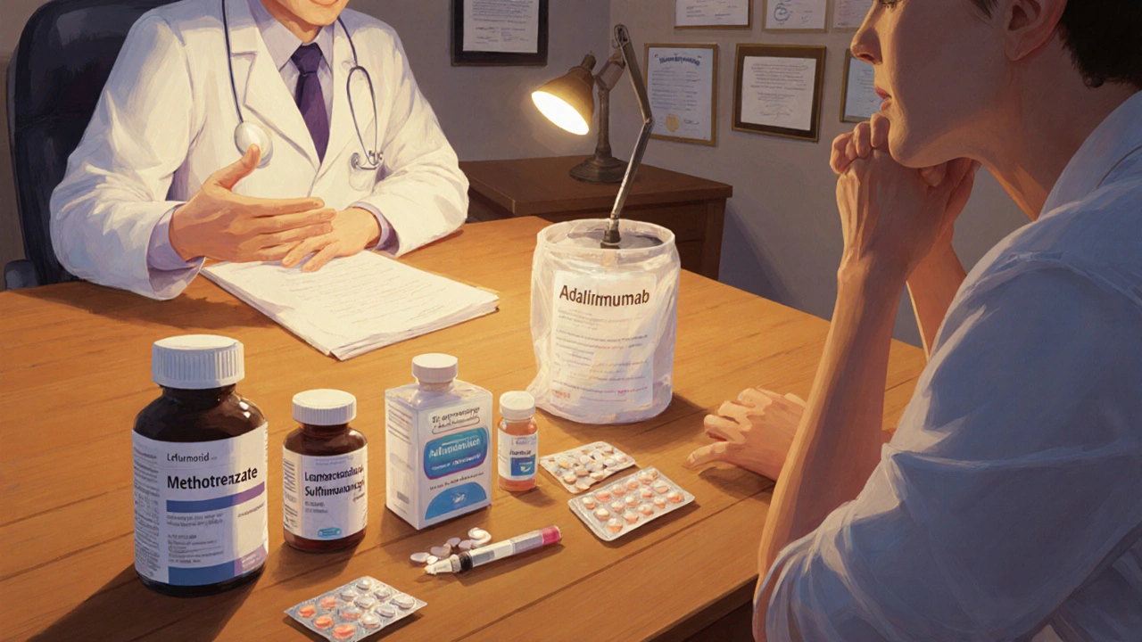 Arzt und Patient besprechen verschiedene Medikamente, darunter Pillen und Spritzen, an einem Tisch.