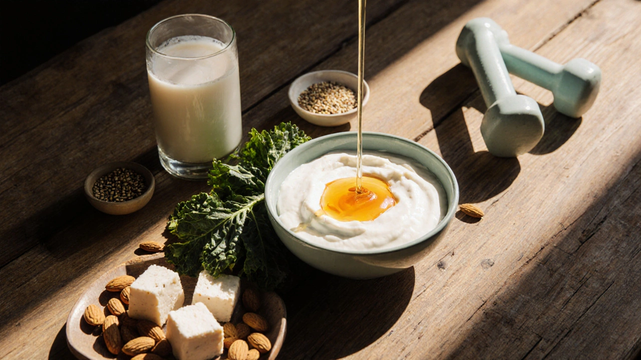 Auf einem Holztisch: Joghurt, Mandeln, Grünkohl, Tofu, Sesam und Hanteln im Sonnenlicht.