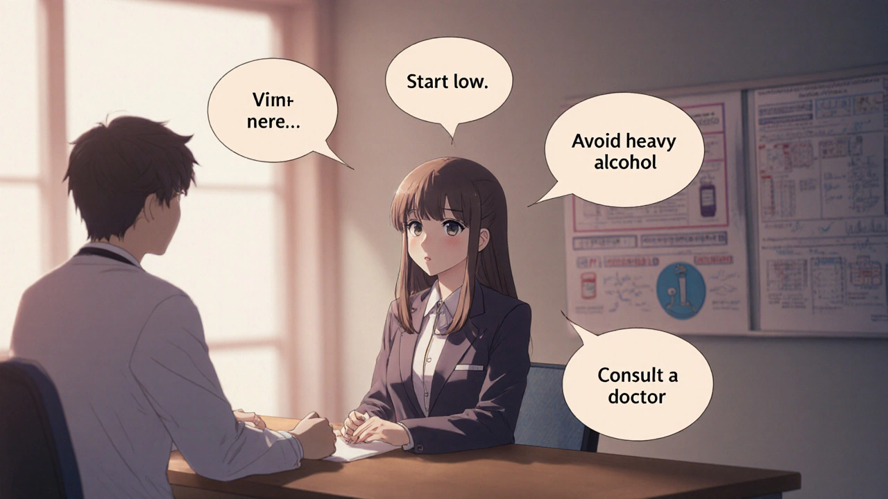 Bischoujo berät sich mit Arzt, zeigt Sicherheitstipps in Gedankenblasen.