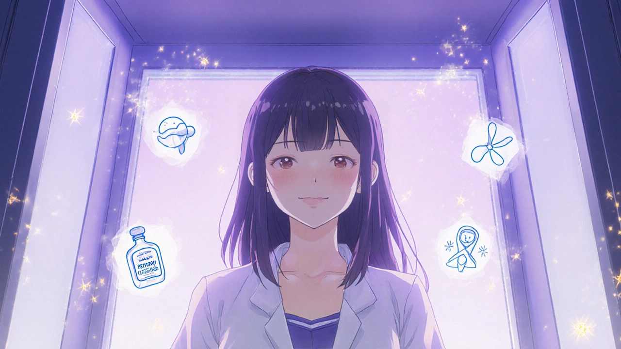 Bishoujo im Phototherapie‑Kabinenlicht, lächelnd, umgeben von strahlenden UV‑Lichtern.