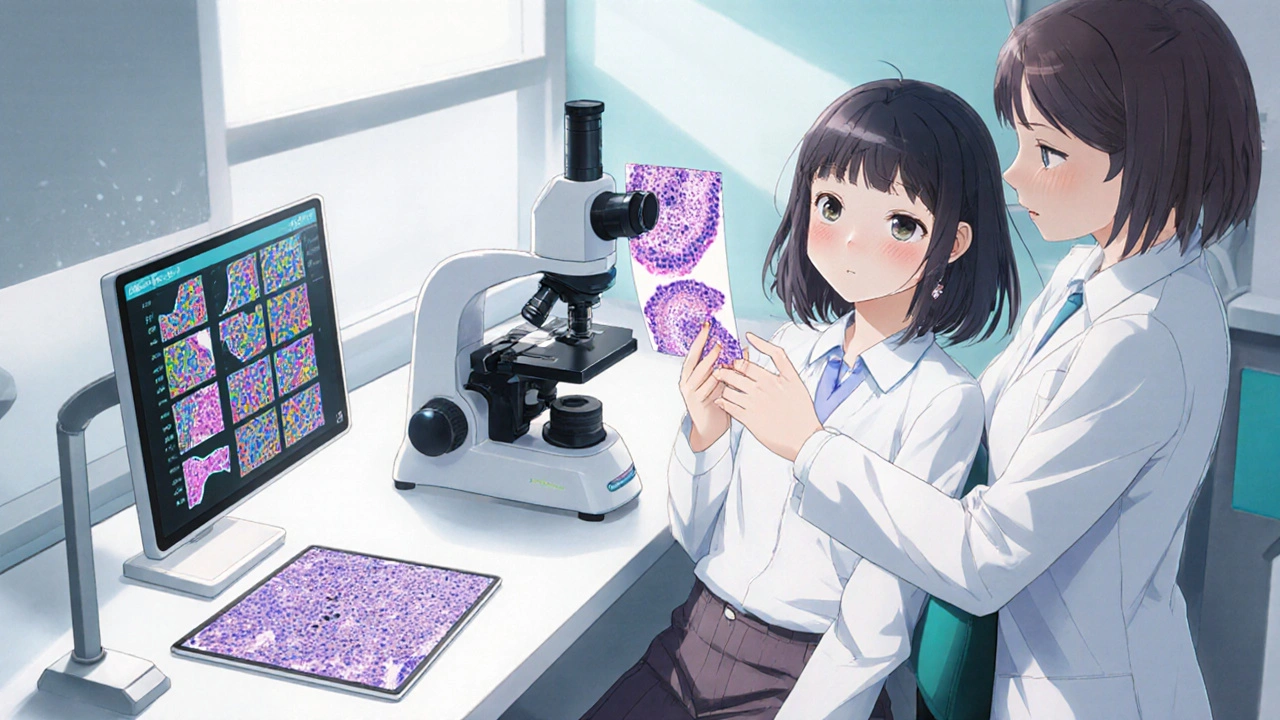 Bishoujo-Patientin im Dermatologie‑Labor, umgeben von Mikroskop und Immunhistochemie‑Platten.