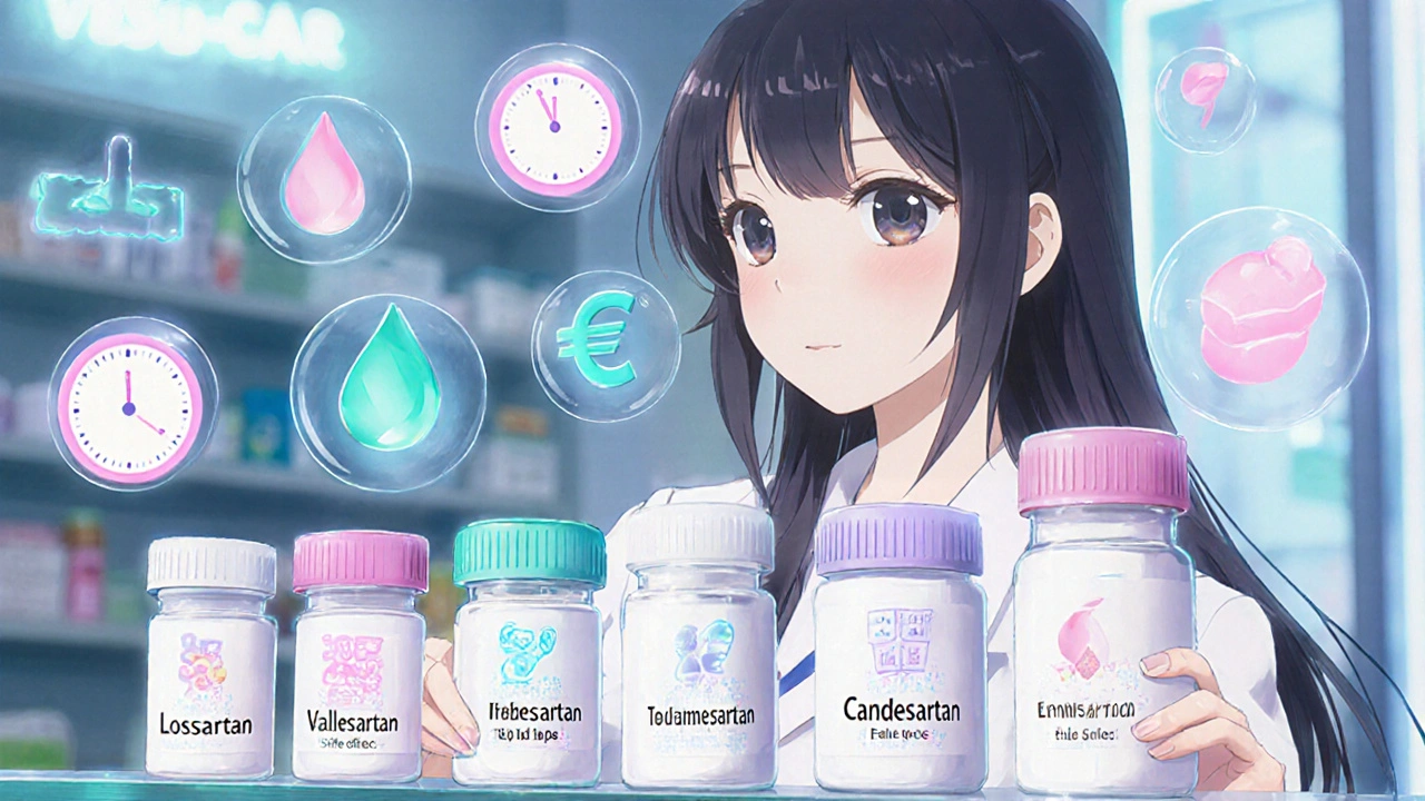 Bishoujo vergleicht Losartan, Valsartan, Telmisartan mit Pillen und Symbolen.