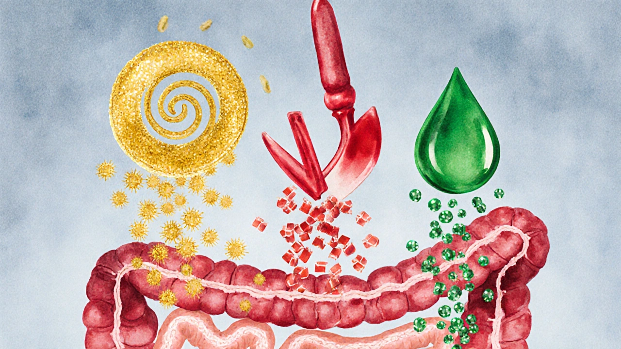 Detailreiche Darstellung von Amylase, Protease und Lipase, die Nahrungsbestandteile zerlegen.