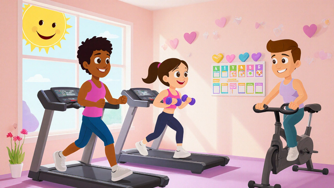 Drei Figuren zeigen wöchentlichen Trainingsplan im heimischen Fitnessraum.