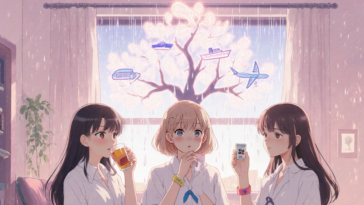 Drei Mädchen mit verschiedenen Reisekrankheitsmittel-Alternativen, Entscheidungsbaum über ihnen.