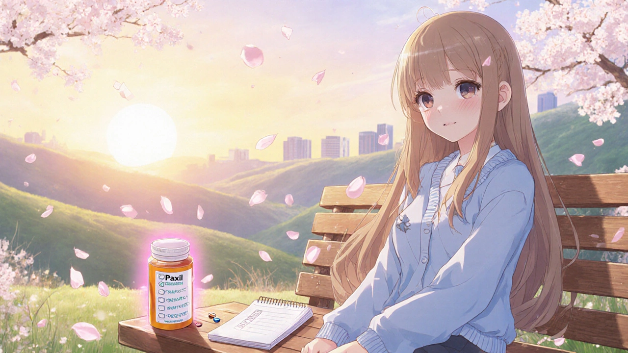 Entspannte Bischoujo‑Patientin in Garten, fühlt sich besser.