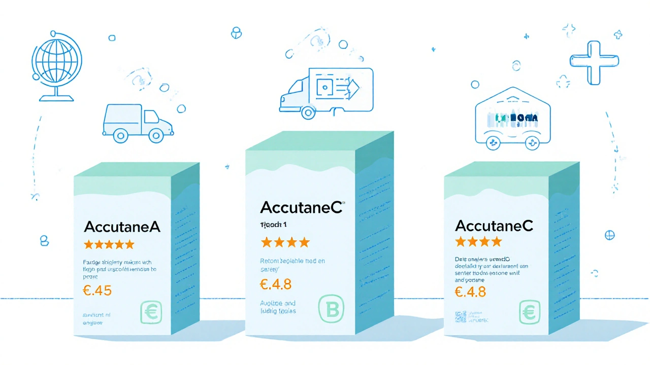 Flache Illustration von drei Medikamenten‑Boxen mit Preis‑ und Versand‑Icons sowie Sternbewertungen.