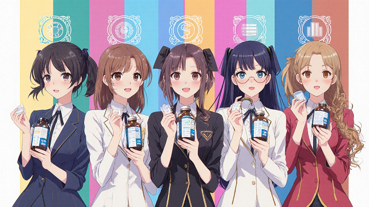 Fünf Bischoujo-Charaktere mit jeweiligen Pillen, farbige Spalten zeigen Vergleich.