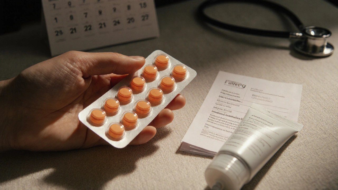 Hand hält Blisterpackung mit Accutane‑Kapseln, daneben Feuchtigkeitscreme und Rezept.