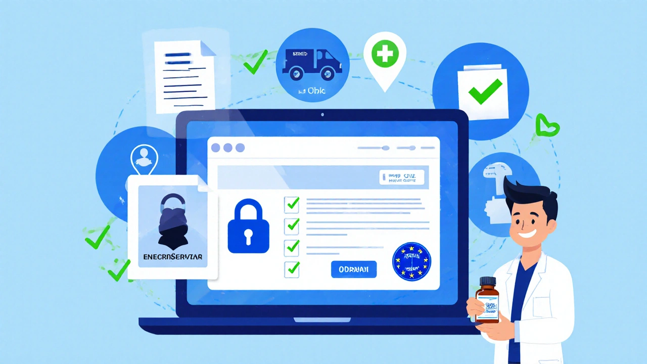 Illustration einer Checkliste für sichere Online‑Apotheken mit Padlock‑ und Zertifikat‑Symbolen.