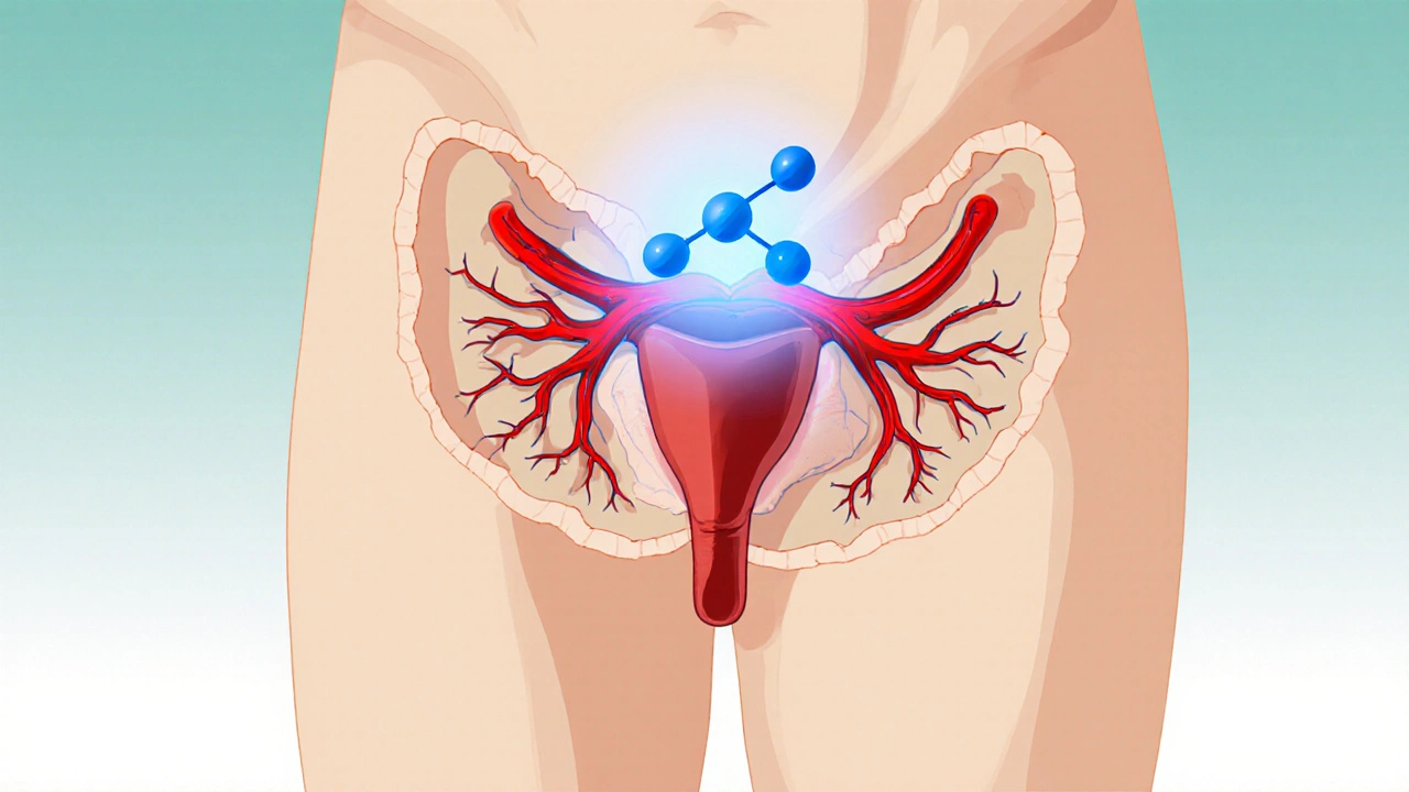Illustration zeigt Tadalafil‑Molekül, das Arterien im männlichen Becken erweitert.