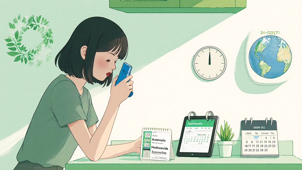 Junge Frau checkt das Verfallsdatum ihres Budesonid‑Sprays, während ein Hygrometer und ein Pflanzen‑Motiv im Hintergrund zu sehen sind.