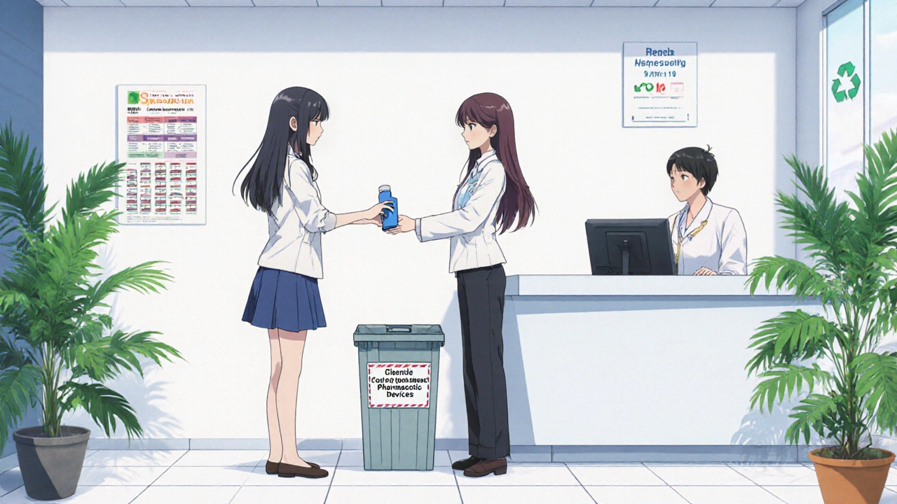 Junge Frau gibt ein leeres Budesonid‑Spray in der Apotheke in einen Sonderabfall‑Behälter.