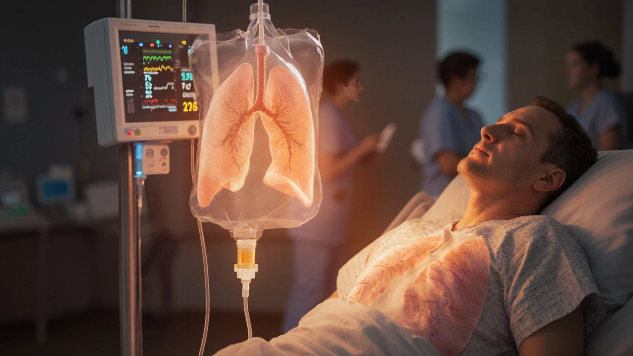Krankenhausszene, in der ein Patient mit Lungenödem über ein Furosemid‑IV‑Set behandelt wird.