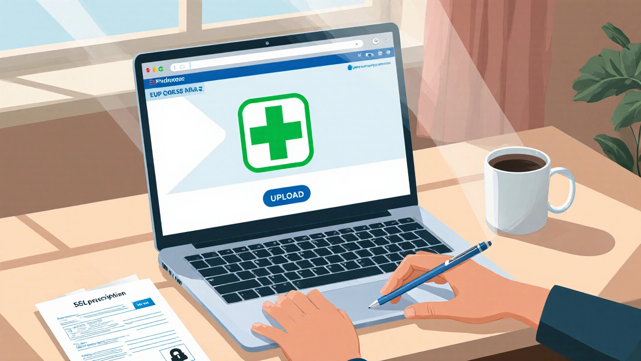 Laptop mit Online‑Apotheken‑Website, grünes Apothekenlogo und hochgeladenem Rezept.