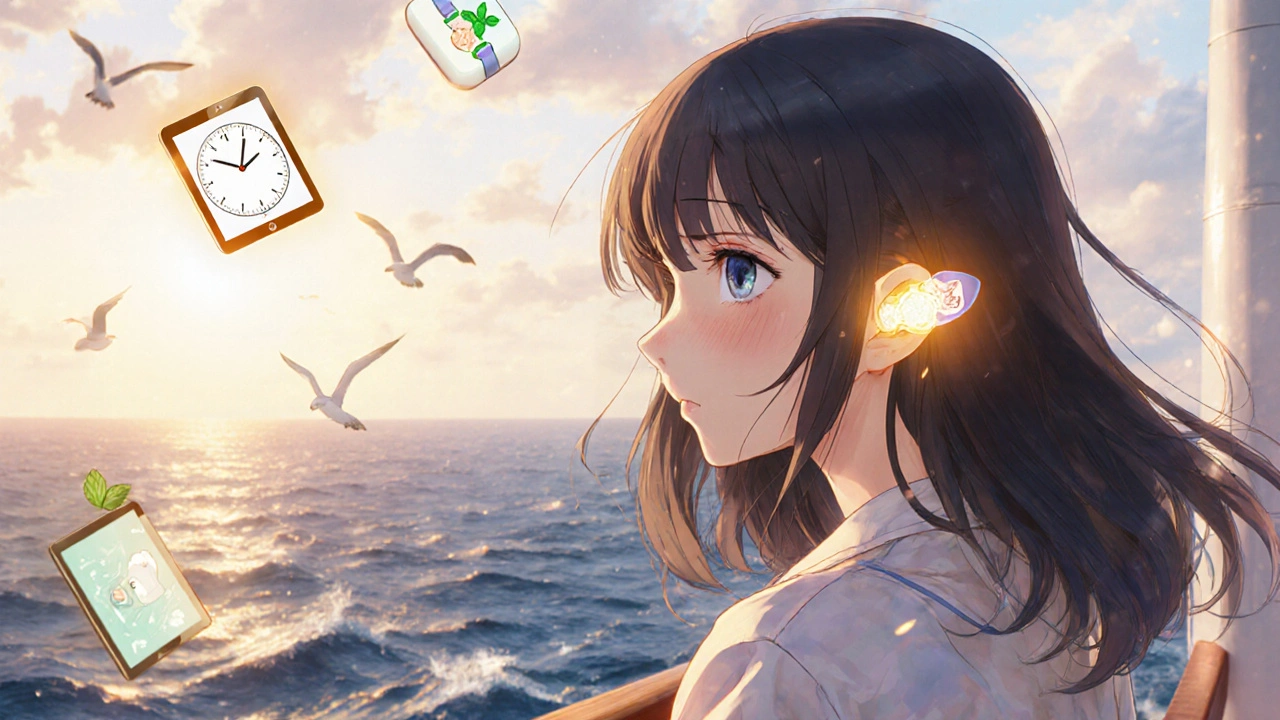 Mädchen auf einem Kreuzfahrtschiff mit Scopolamin-Pflaster hinter dem Ohr, Ozean im Hintergrund.