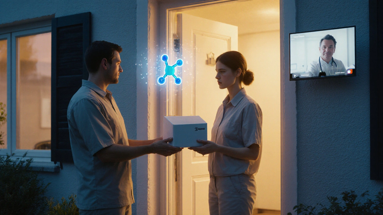Paketzustellung eines Medikaments vor einer deutschen Haustür bei sanftem Morgenlicht.