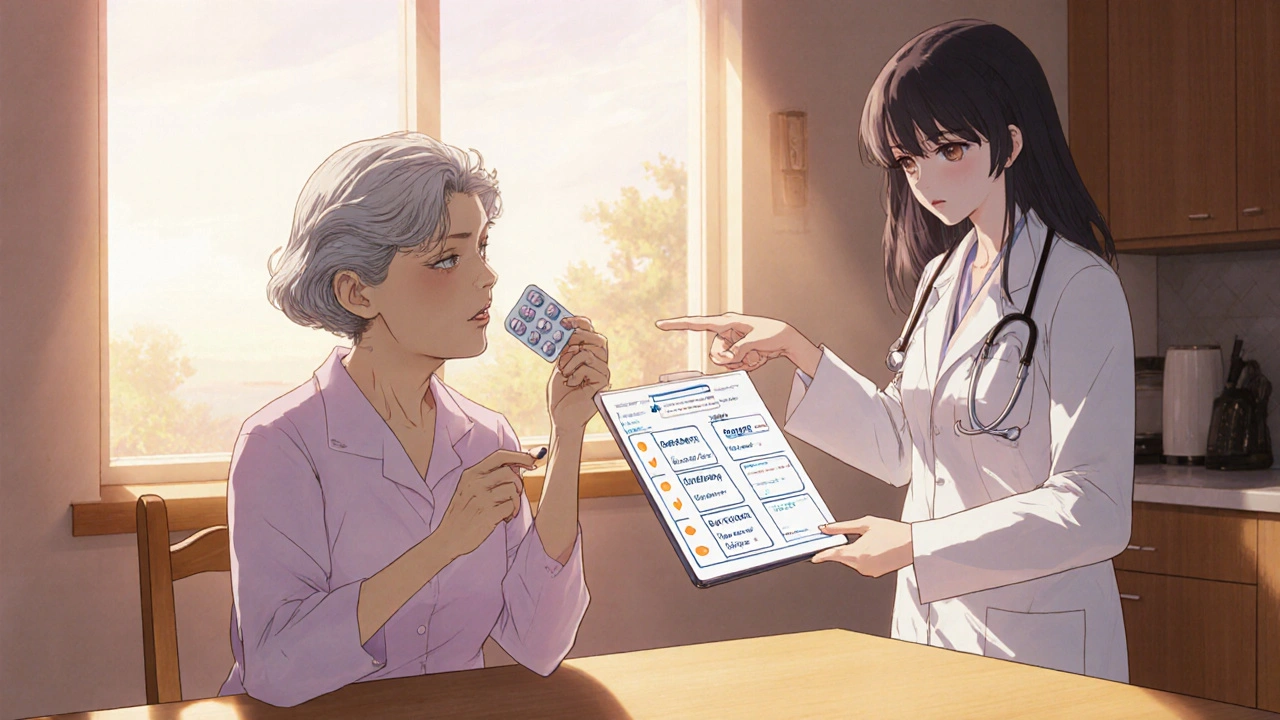 Patientin nimmt Losartan, während Ärztin die Dosierung berät.