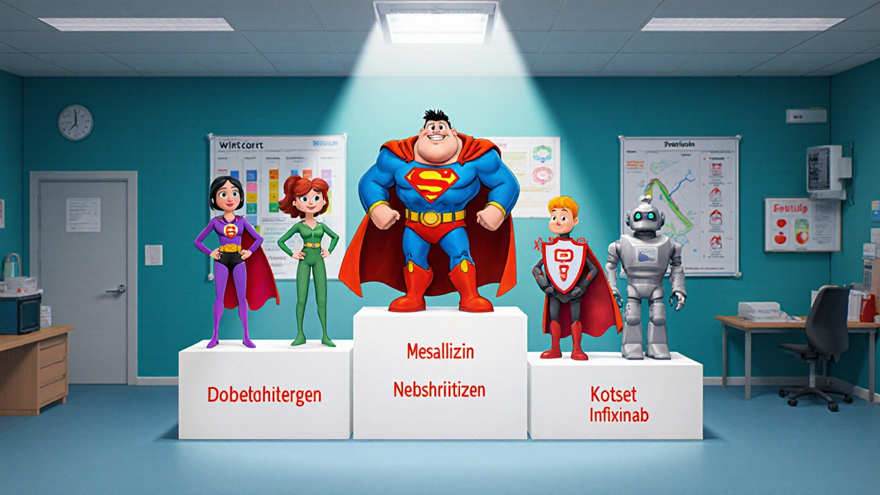 Personifizierte Medikamenten‑Helden vergleichen Wirkung, Dosierung, Nebenwirkungen und Kosten.