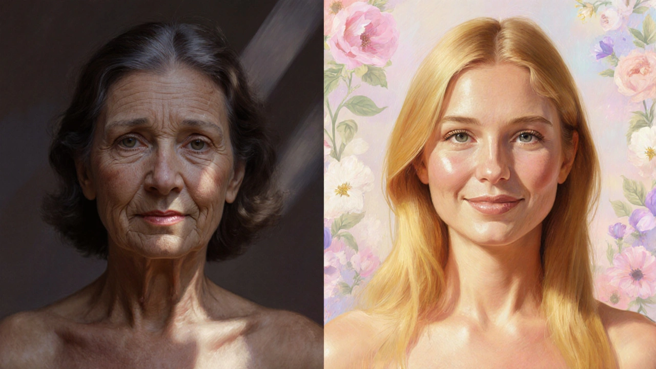 Vorher‑Nachher‑Bild einer Frau: links Falten, rechts glatte, strahlende Haut.