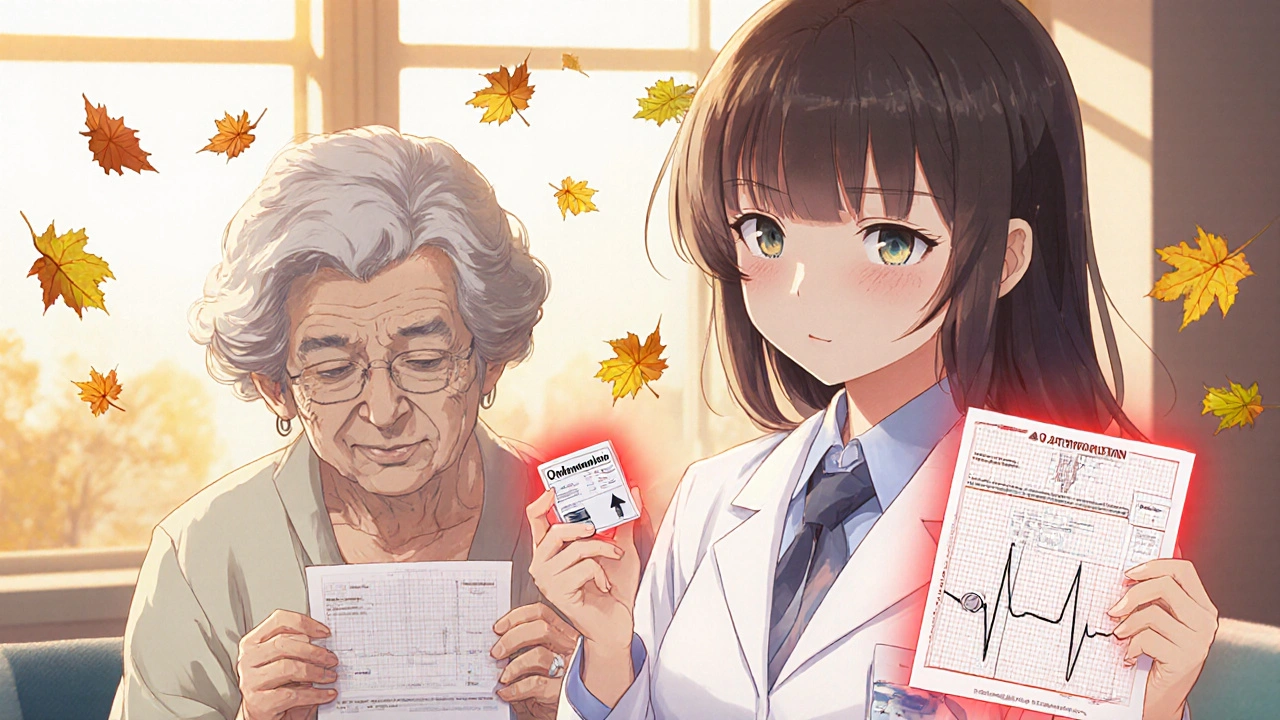 Apothekerin mit zwei Medikamenten, EKG-Papier mit geknacktem QT-Intervall, ältere Patientin daneben