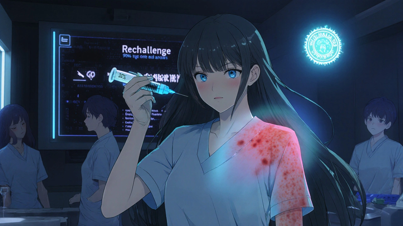 Ärztin bereitet Rechallenge vor, mit sichtbarem Rückkehr des Ausschlags.