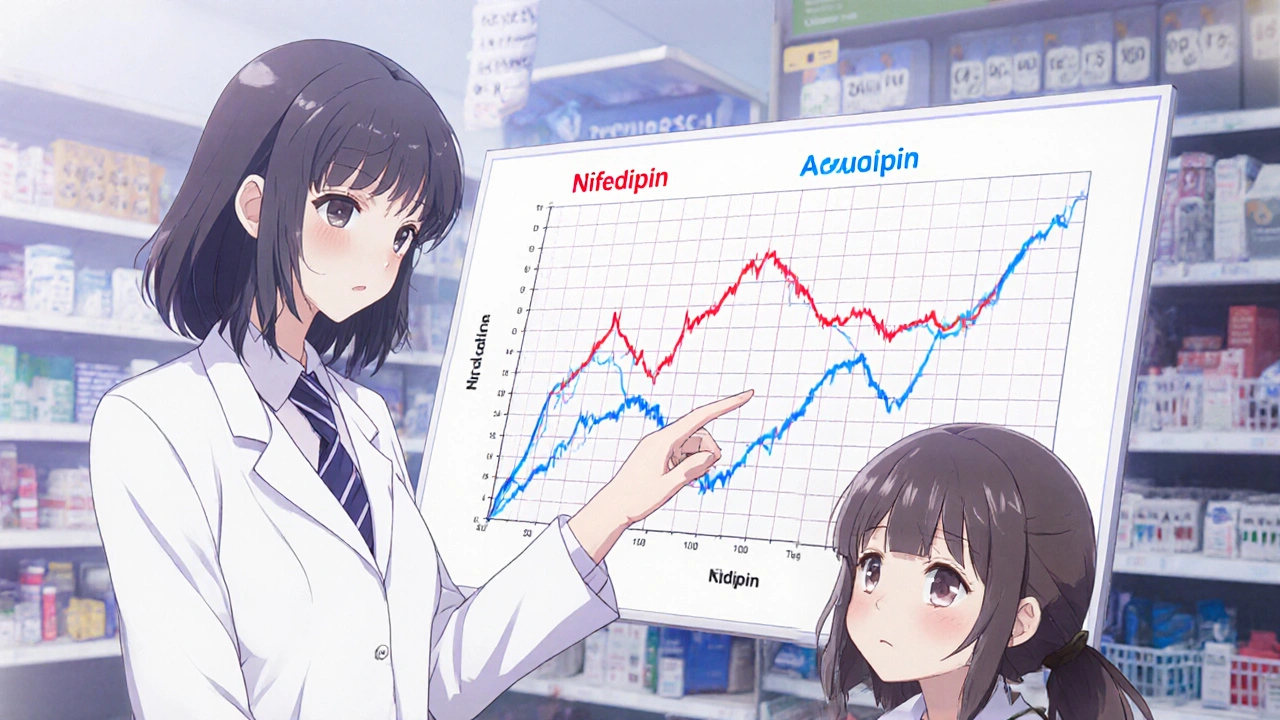 Ärztin zeigt Patientin eine Blutdruckkurve, die von unregelmäßigen zu glatten Wellen übergeht.