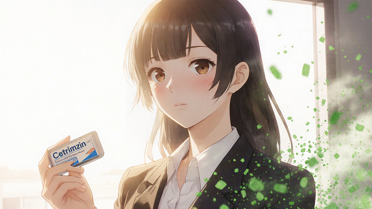 Berufstätige Frau nimmt morgens nicht-schläfriges Antihistaminikum, Sonnenlicht und klare Augen.