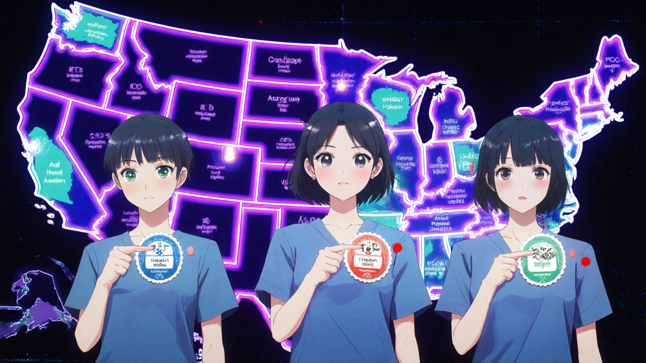 Drei Gesundheitsfachkräfte zeigen eine Karte der USA mit Bundesstaaten, die den Austausch von Biosimilaren erlauben.