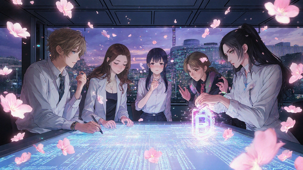 Ein Team arbeitet mit einer Blockchain-Lizenzplattform in einem europäischen Patentzentrum.