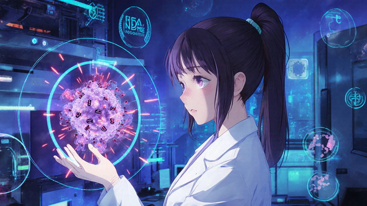 Eine Wissenschaftlerin beobachtet holographische Nitrosamin-Moleküle in einem Labor mit hochtechnologischen Geräten.