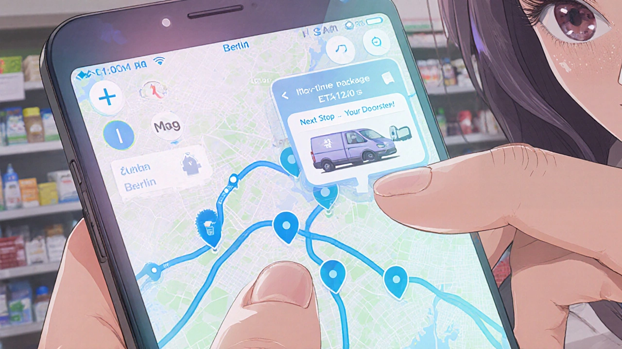 Frau beobachtet Echtzeit-Tracking ihrer Medikamentenlieferung auf dem Smartphone mit Temperatursensoren und GPS-Linien.