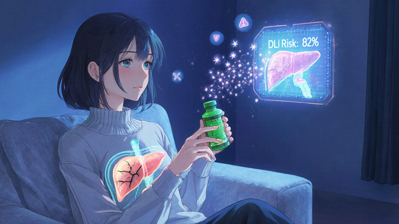 Frau hält Grüntee-Extrakt, ihre Leber ist durchscheinend mit Rissen, während Warn-Partikel in der Luft schweben.