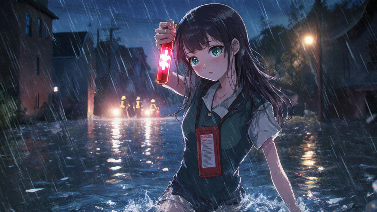 Frau hält ihren Notfallkoffer hoch, während sie durch überschwemmte Straßen watet, Regen und Rettungskräfte im Hintergrund.