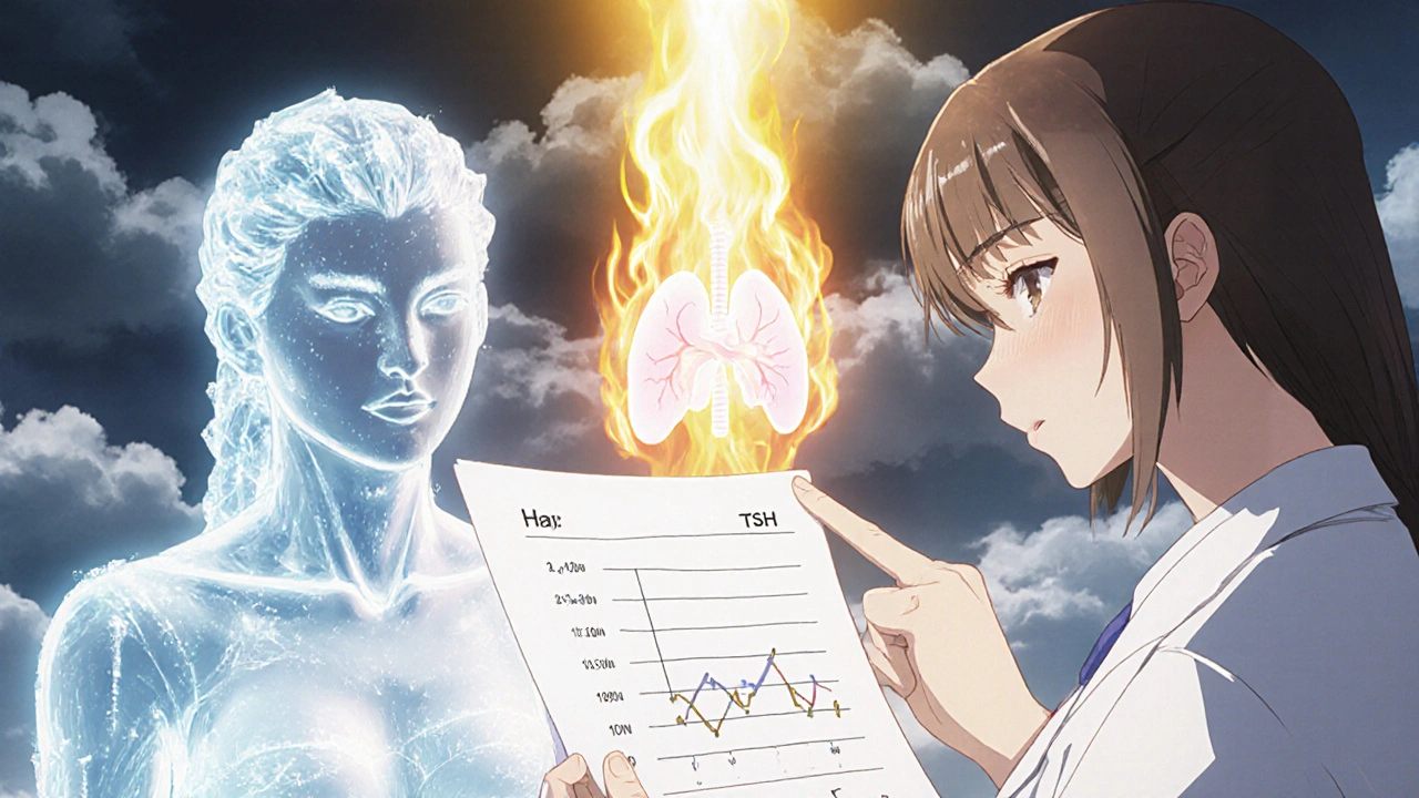 Frau mit Bluttestergebnis, zwei Versionen von sich selbst – gefroren und in Flammen – vor medizinischem Hintergrund.