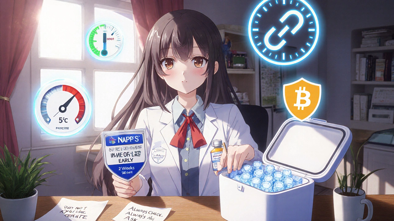 Frau prüft eine zertifizierte Apotheke mit holografischen Sicherheitssymbolen, hält eine gekühlte Medikamentenbox.