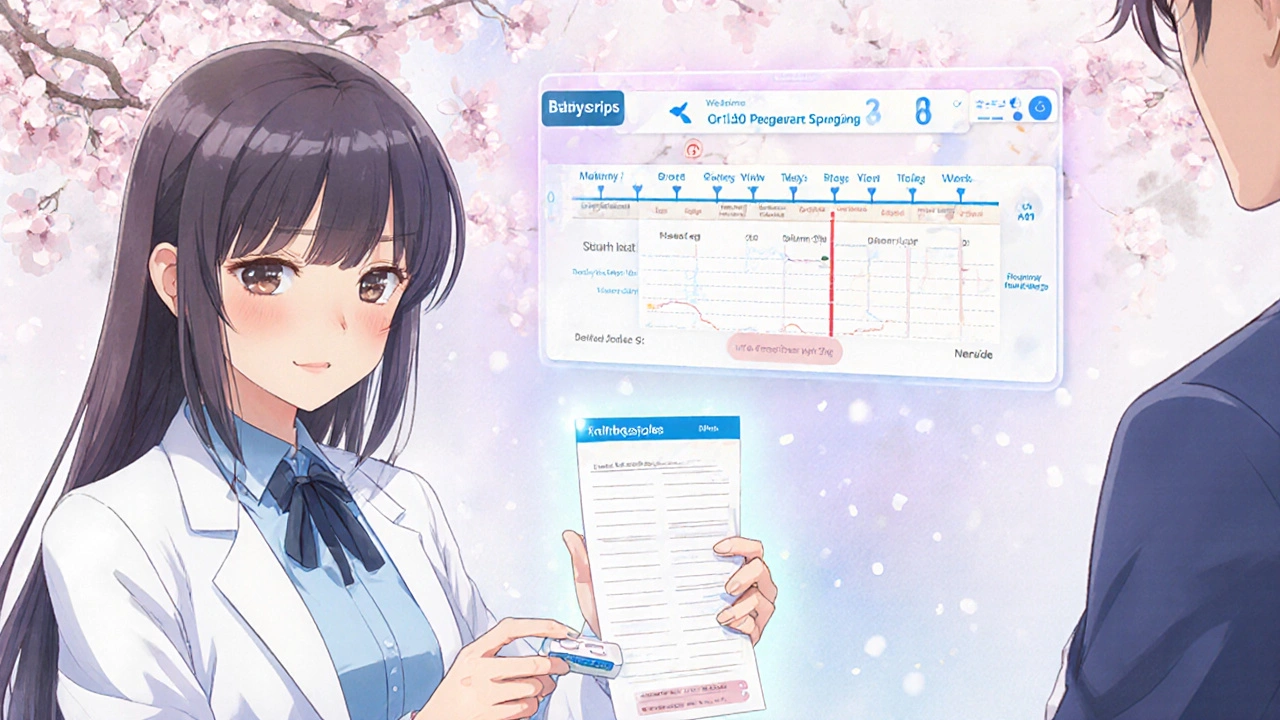 Frau reicht Medikamentenliste ein, digitale Gesundheits-App schwebt daneben, anime-stil