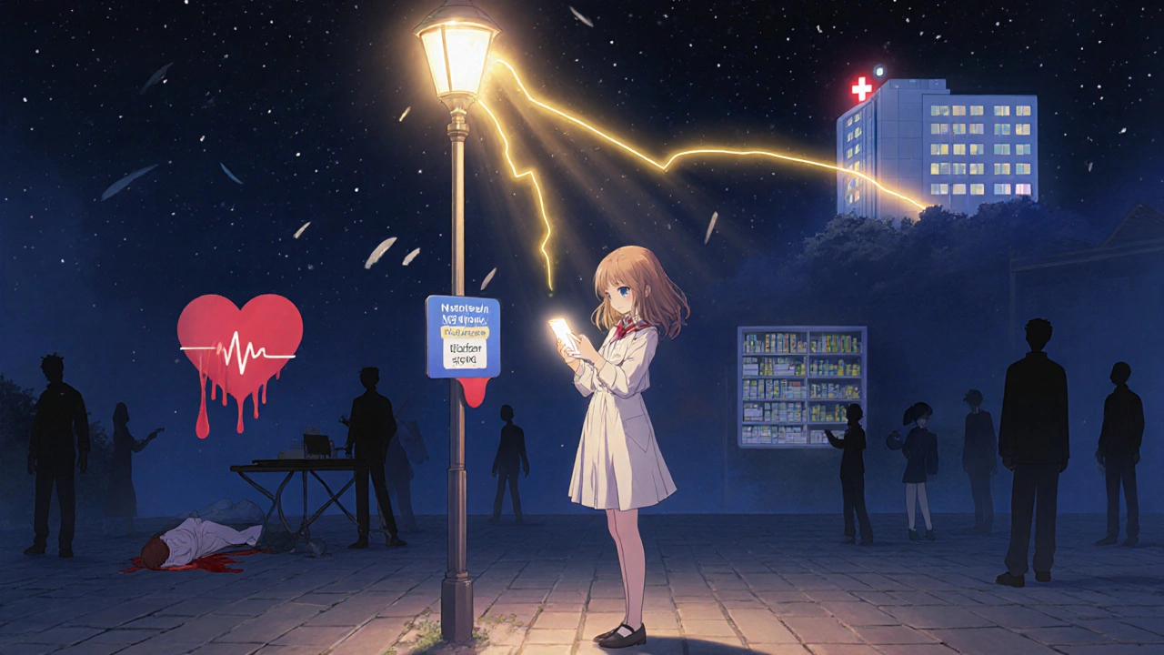 Frau steht unter Straßenlampe mit Smartphone, das Wechselwirkungen zeigt, dunkle Risiken um sie herum.