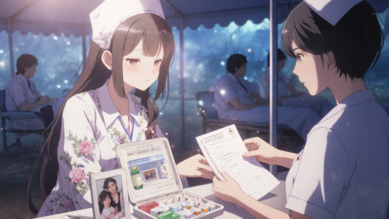 Frau übergibt ihre Medikationsliste einer Krankenschwester in einem Notfallzelt, ihr Koffer liegt geöffnet neben ihr.