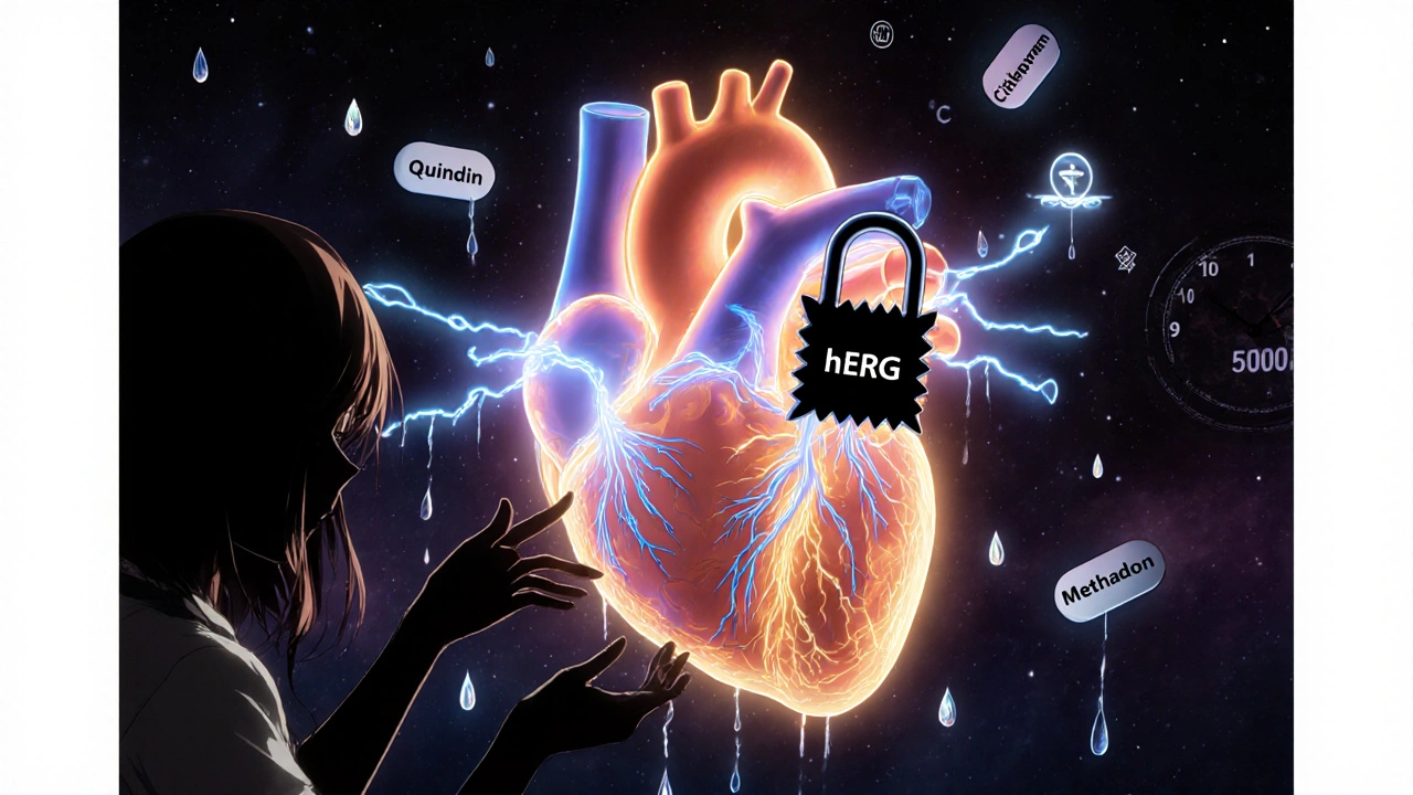 Glowendes Herz mit blockiertem hERG-Kanal, Medikamente als Schatten, weibliche Silhouette greift danach