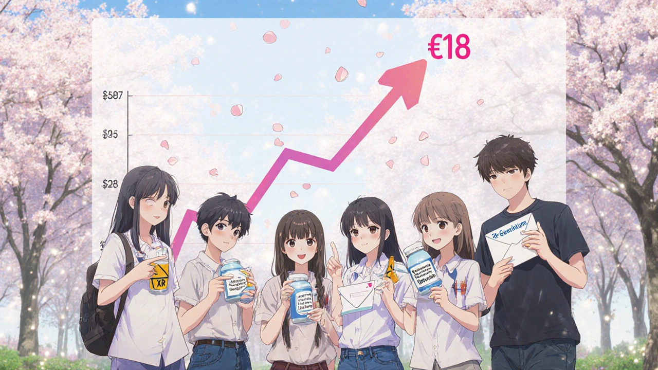 Gruppe junger Patienten im Park, Graph zeigt sinkende Medikamentenkosten mit Blütenblättern.