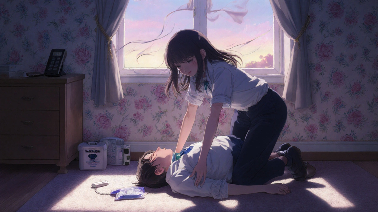 Junge bringt bewusstlosen Menschen in die stabile Seitenlage, um Erstickung zu verhindern.