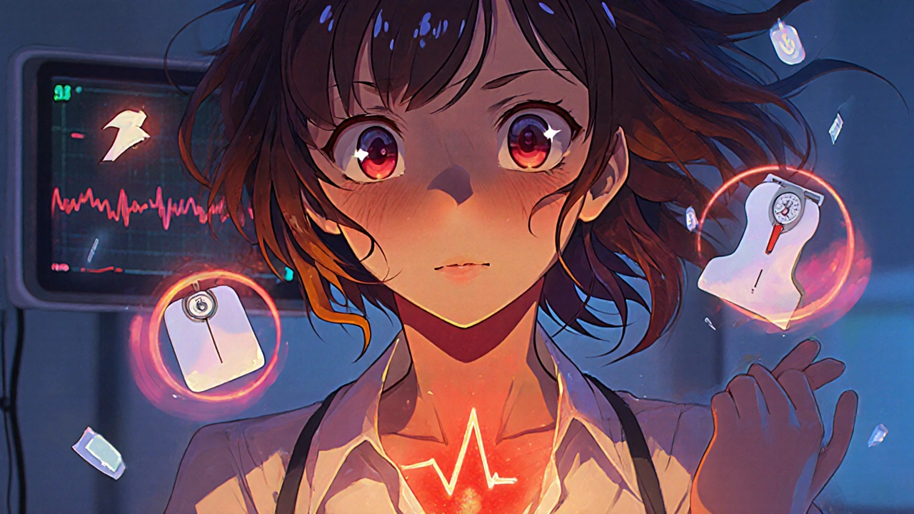 Junge Frau mit zitternden Händen, schnellem Puls, Hitze und Gewichtsverlust, Augen hervortretend.