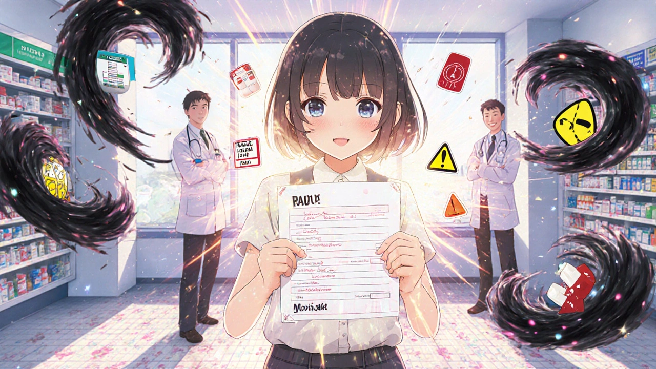 Junge Frau vor der Apotheke, Medikamentenliste als Schild gegen gefährliche Wechselwirkungen.