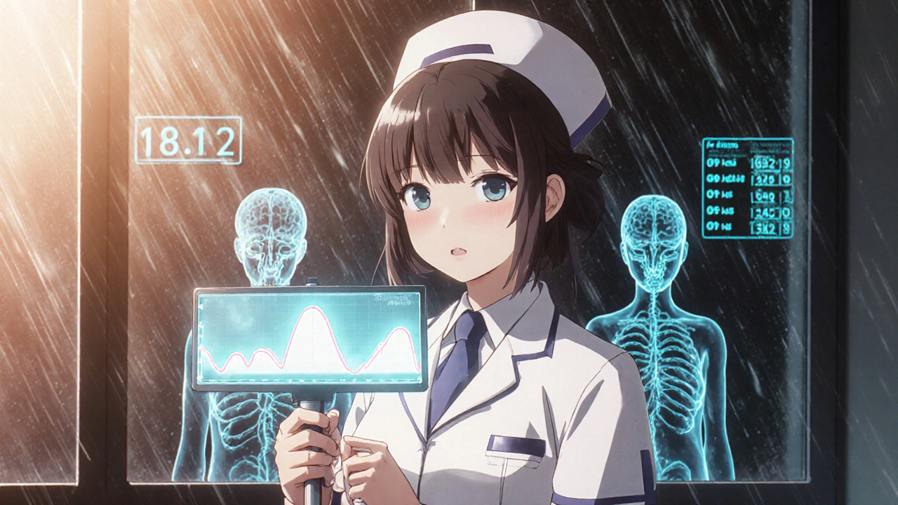 Krankenschwester mit Capnographie-Gerät, neuronale Signale erlöschen im Hintergrund.