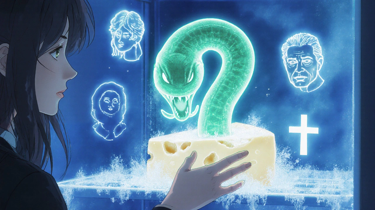 Listeria-Bakterium als schattiges Wesen in einem Kühlschrank, das von Weichkäse ausgeht.