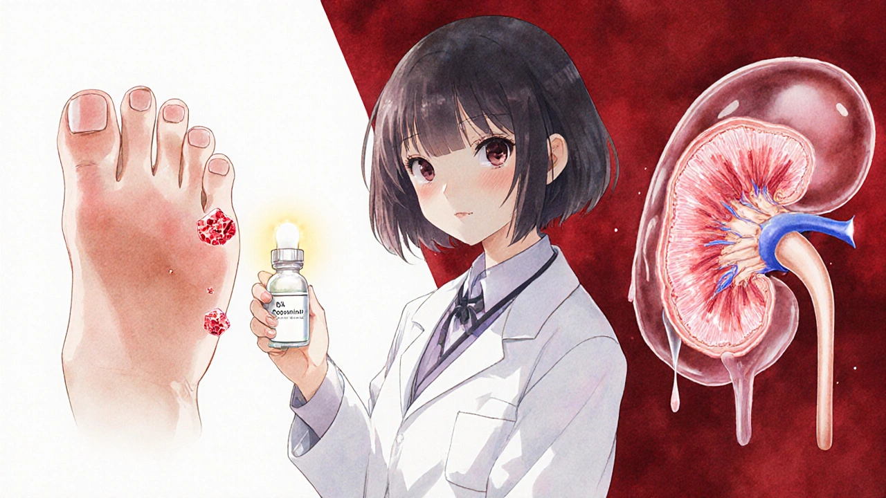 Mädchen hält Allopurinol-Vial, urat-Kristalle lösen sich in Gelenken auf, anime-stil