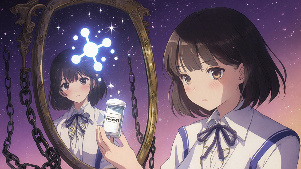 Mädchen hält Fentanyl-Vial, Spiegelbild zeigt Atemstillstand, heilende Molekül schwebt daneben.