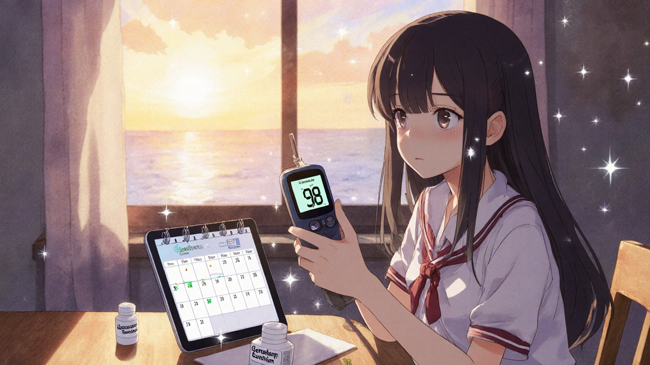 Mädchen misst Blutzucker zu Hause, zwei Pillen auf dem Tisch: Marke und Generikum.